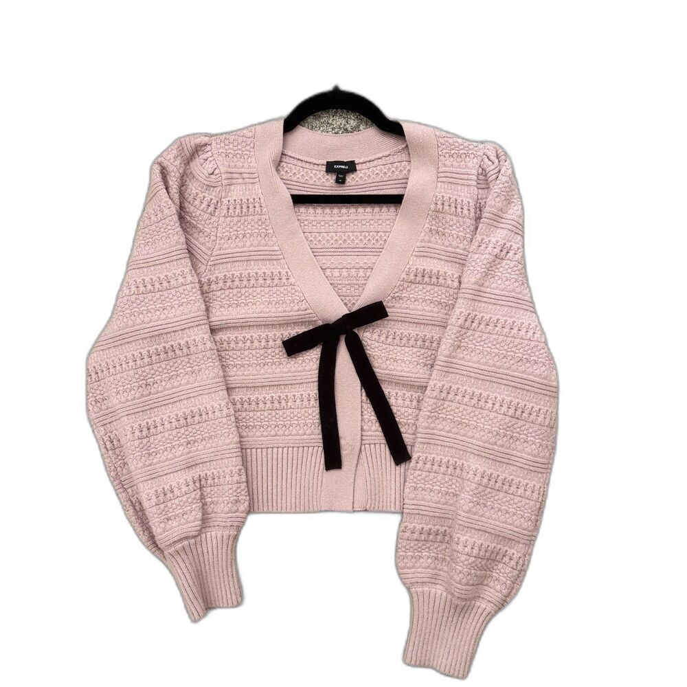 Express Mauve Pink Puff Sleeve Tie-Front Cardigan Sweater — Size M, NWOT